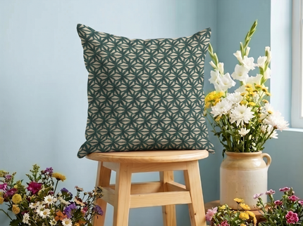 Teal green colour geometric floral pattern velvet flock readymade cushion cover