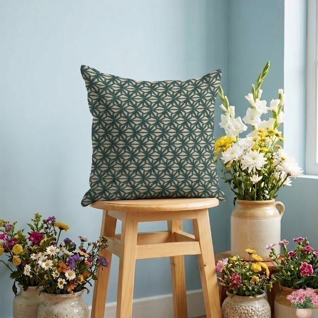 Teal green colour geometric floral pattern velvet flock readymade cushion cover