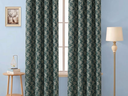 Teal green colour geometric floral pattern velvet flock readymade curtain