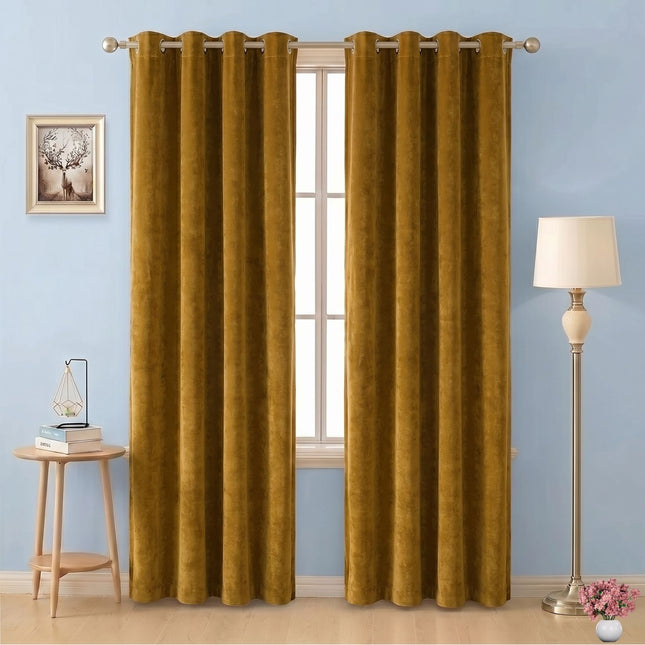 Dark Yellow Colour Textured Velvet Flock Readymade Curtain