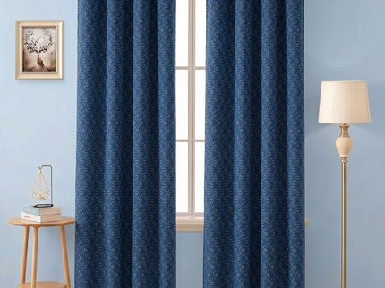 Royal blue colour geometric floral pattern velvet flock readymade curtain