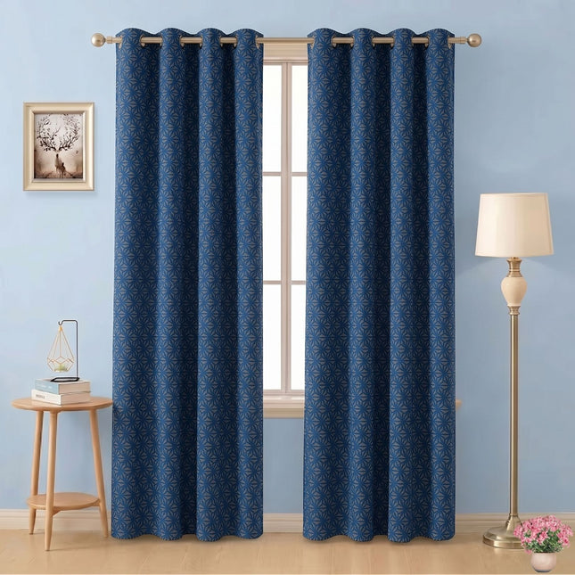 Royal blue colour geometric floral pattern velvet flock readymade curtain