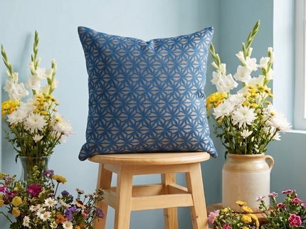 Royal blue colour geometric floral pattern velvet flock readymade cushion cover