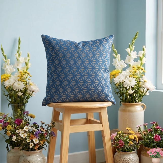Royal blue colour geometric floral pattern velvet flock readymade cushion cover