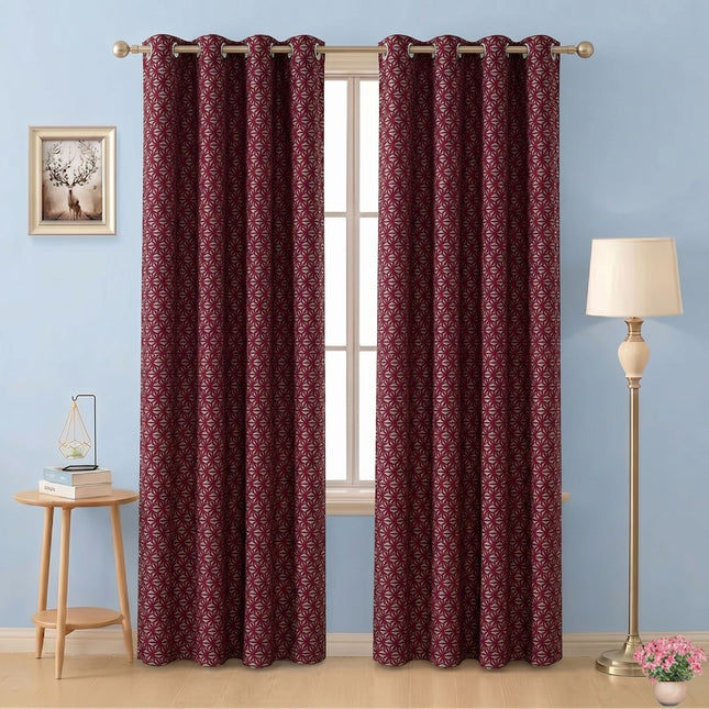 Wine colour geometric floral pattern velvet flock readymade curtain