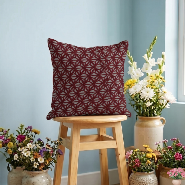 Wine colour geometric floral pattern velvet flock readymade cushion cover