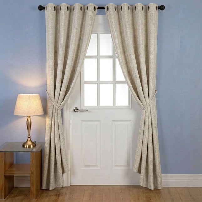 Beige colour textured weave pattern velvet flock readymade curtain (Dual side)