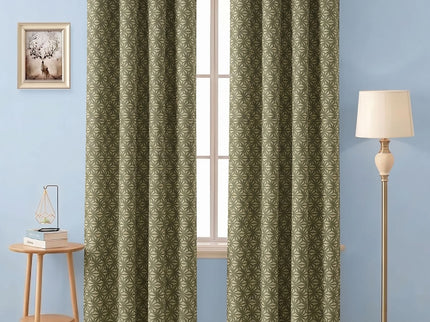 Olive green colour geometric floral pattern velvet flock readymade curtain