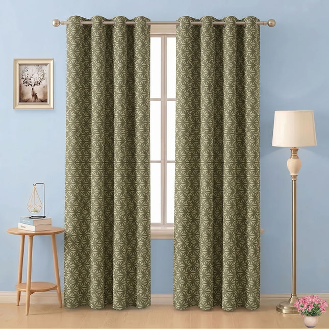 Olive green colour geometric floral pattern velvet flock readymade curtain