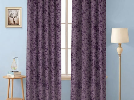 Purple Colour Leaves Pattern Velvet Readymade Curtain