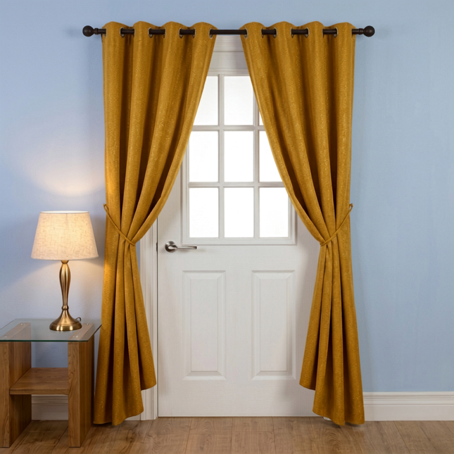 Mustard colour textured pattern velvet flock readymade curtain (Dual side)