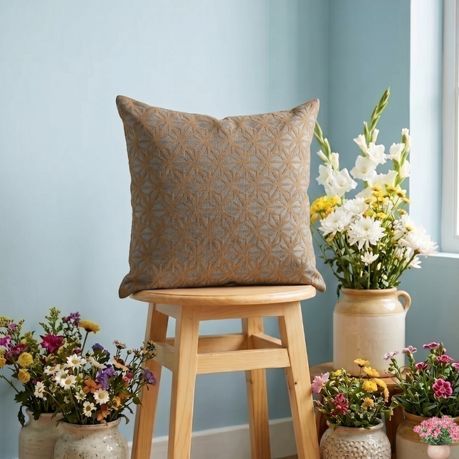 Brown colour geometric floral pattern velvet flock readymade cushion cover