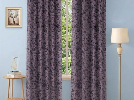 Grey Colour Leaves Pattern Velvet Readymade Curtain