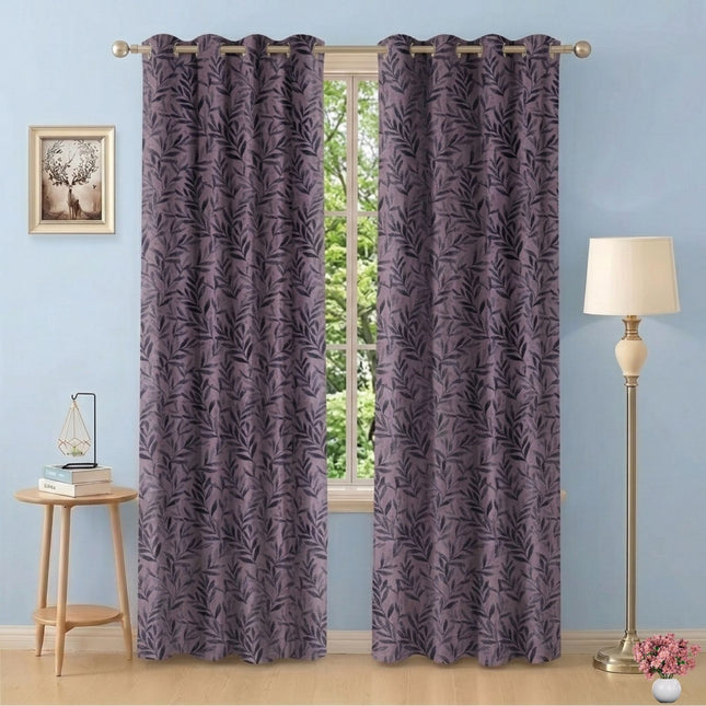 Grey Colour Leaves Pattern Velvet Readymade Curtain