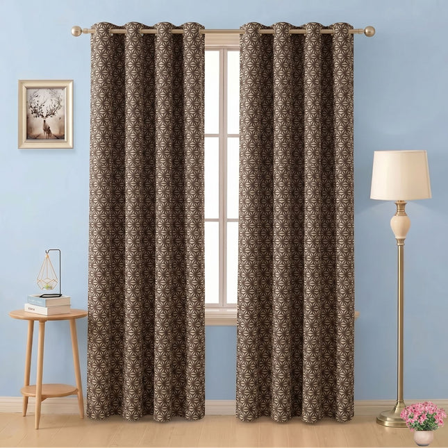 Dark brown colour geometric floral pattern velvet flock readymade curtain
