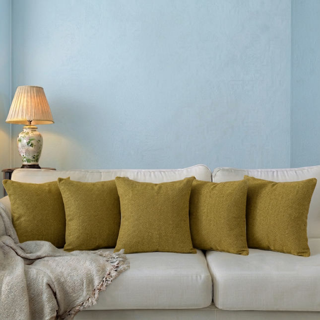 Mustard green colour textured pattern velvet flock readymade cushion cover