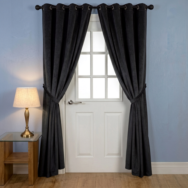 Dark charcoal colour textured pattern velvet flock readymade curtain (Dual side)