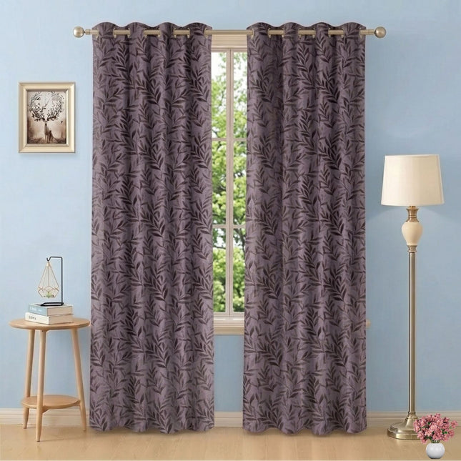 Brown Colour Leaves Pattern Velvet Readymade Curtain