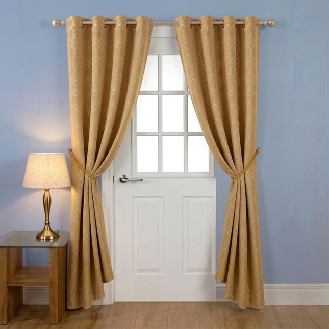 Mustard gold colour circular pattern velvet flock readymade curtain