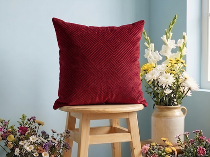 Wine burgundy colour textured velvet flock geometric pattern readymade cushion cover