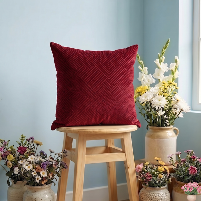 Wine burgundy colour textured velvet flock geometric pattern readymade cushion cover