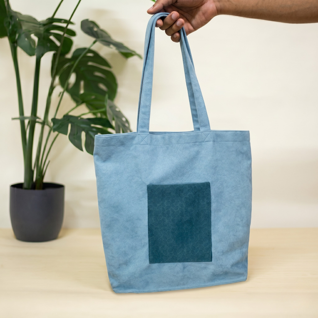 Unisex Blue Velvet Flock Fabric Soft Structured Tote Bag with Front Pocket