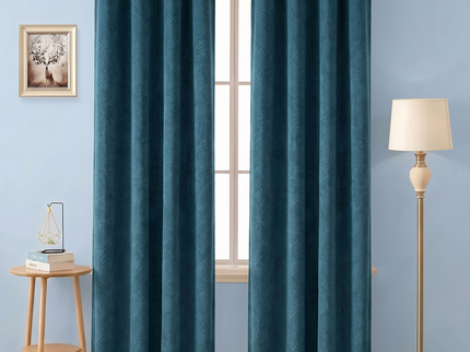 Deep teal colour textured velvet flock geometric pattern readymade curtain