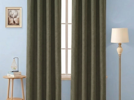Olive Green Colour Textured Velvet Flock Readymade Curtain