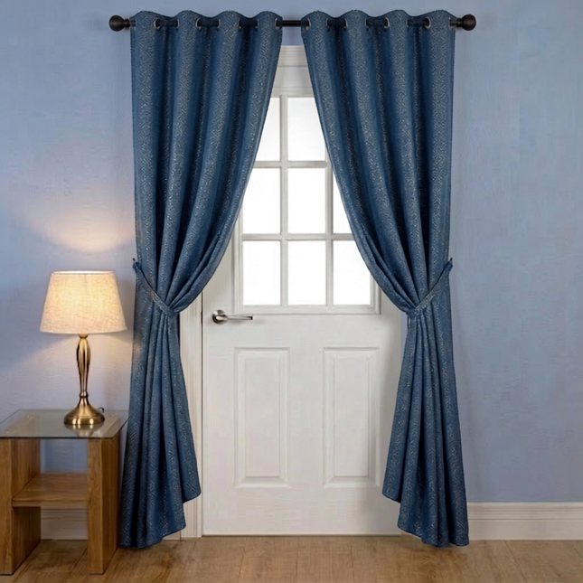 Royal blue colour textured pattern velvet flock readymade curtain (Dual side)