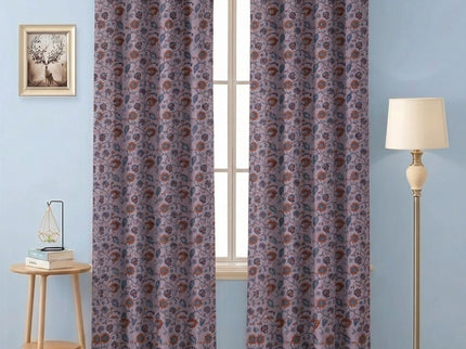 Mustard and blue Floral and Leaves Pattern Velvet Readymade Curtain