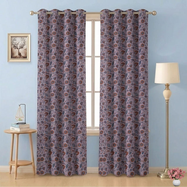 Mustard and blue Floral and Leaves Pattern Velvet Readymade Curtain