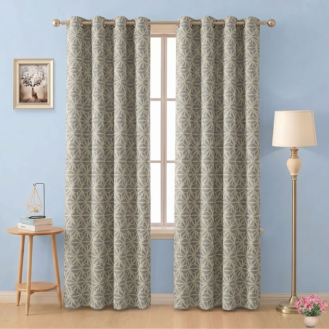 Grey beige colour geometric floral pattern velvet flock readymade curtain