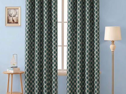 Teal green colour geometric pattern velvet flock readymade curtain