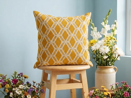 Mustard Yellow colour geometric pattern velvet flock readymade cushion cover
