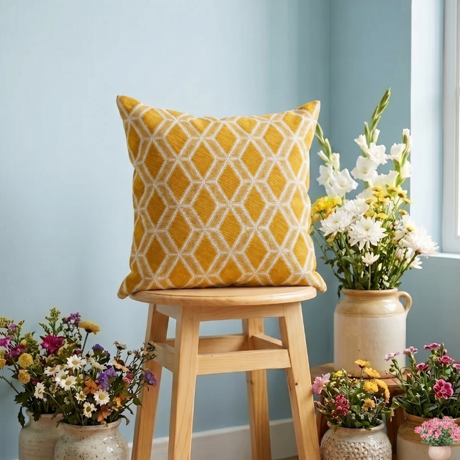 Mustard Yellow colour geometric pattern velvet flock readymade cushion cover