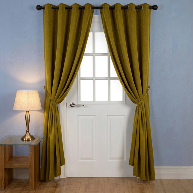 Mustard green colour textured pattern velvet flock readymade curtain (Dual side)