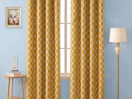 Mustard Yellow colour geometric pattern velvet flock readymade curtain