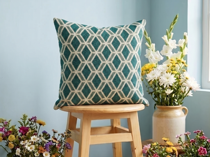 Teal green colour geometric pattern velvet flock readymade cushion cover