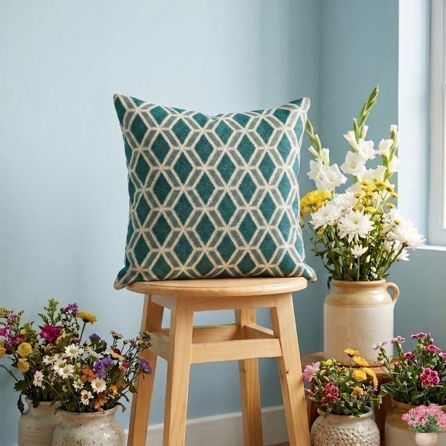 Teal green colour geometric pattern velvet flock readymade cushion cover