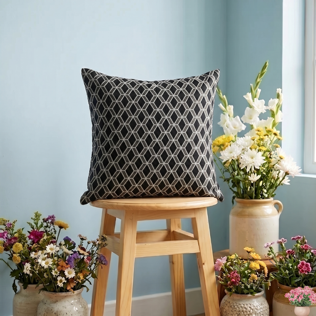 Black colour geometric pattern velvet flock readymade cushion cover