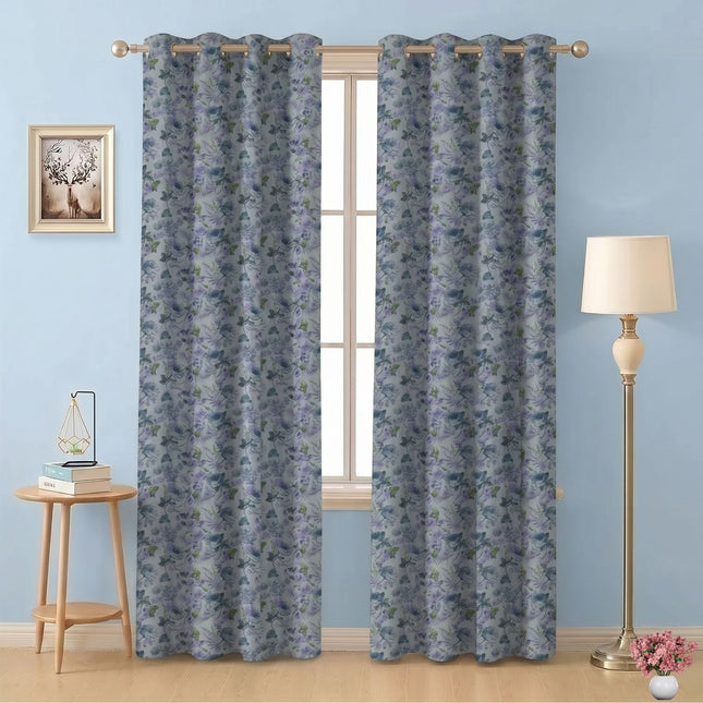 Violet and Indigo Colour Floral and Leaves Pattern Velvet Readymade Curtain