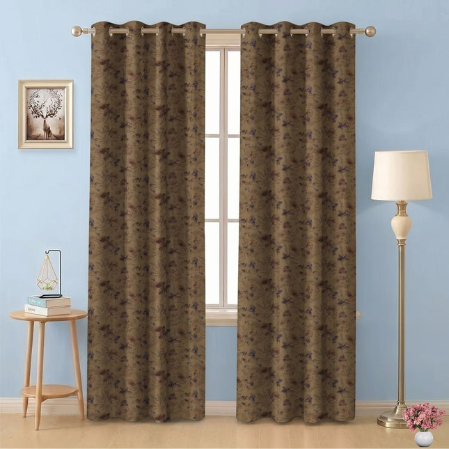 Dusty Rose and Brown Colour Floral and Leaves Pattern Velvet Readymade Curtain