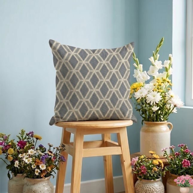 Charcoal grey colour geometric pattern velvet flock readymade cushion cover
