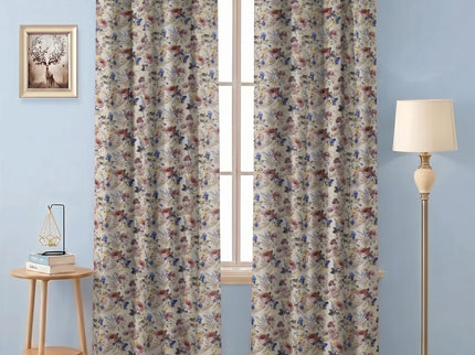 Dusty Rose and Blue Colour Floral and Leaves Pattern Velvet Readymade Curtain