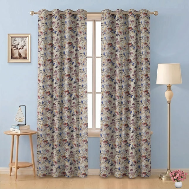 Dusty Rose and Blue Colour Floral and Leaves Pattern Velvet Readymade Curtain
