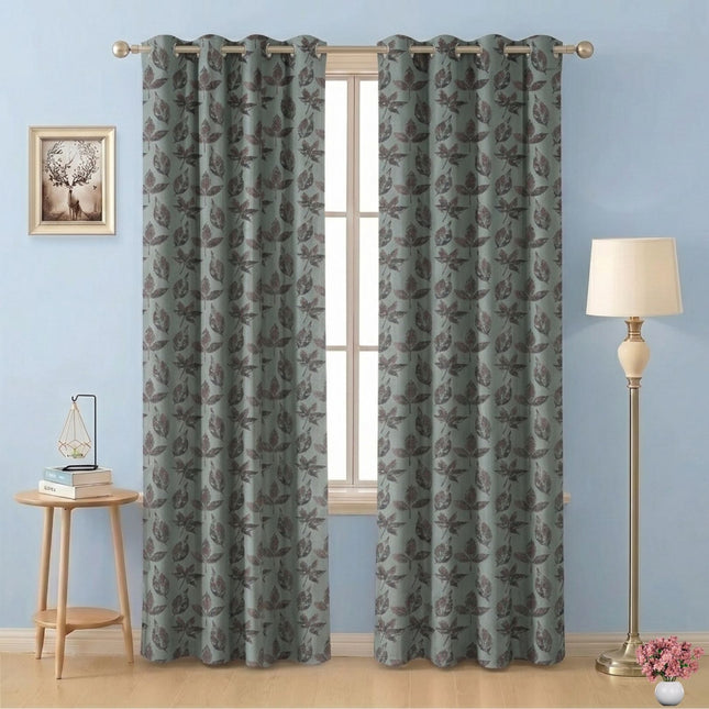 Brown and Dark Brown Colour Leaves Pattern Velvet Readymade Curtain