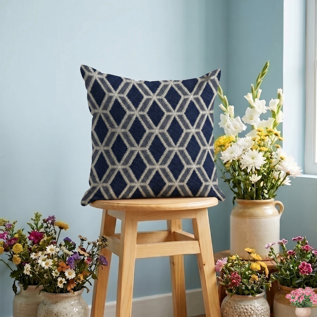 Navy blue colour geometric pattern velvet flock readymade cushion cover