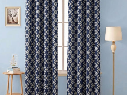 Navy blue colour geometric pattern velvet flock readymade curtain