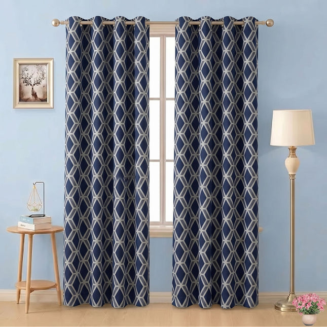 Navy blue colour geometric pattern velvet flock readymade curtain