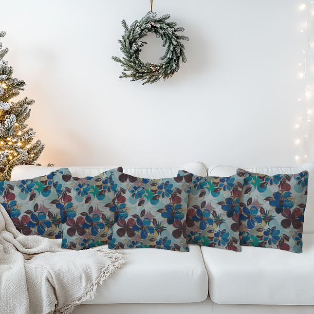 Brown and Blue Colour Floral and Leaves Pattern readymade cushion cover